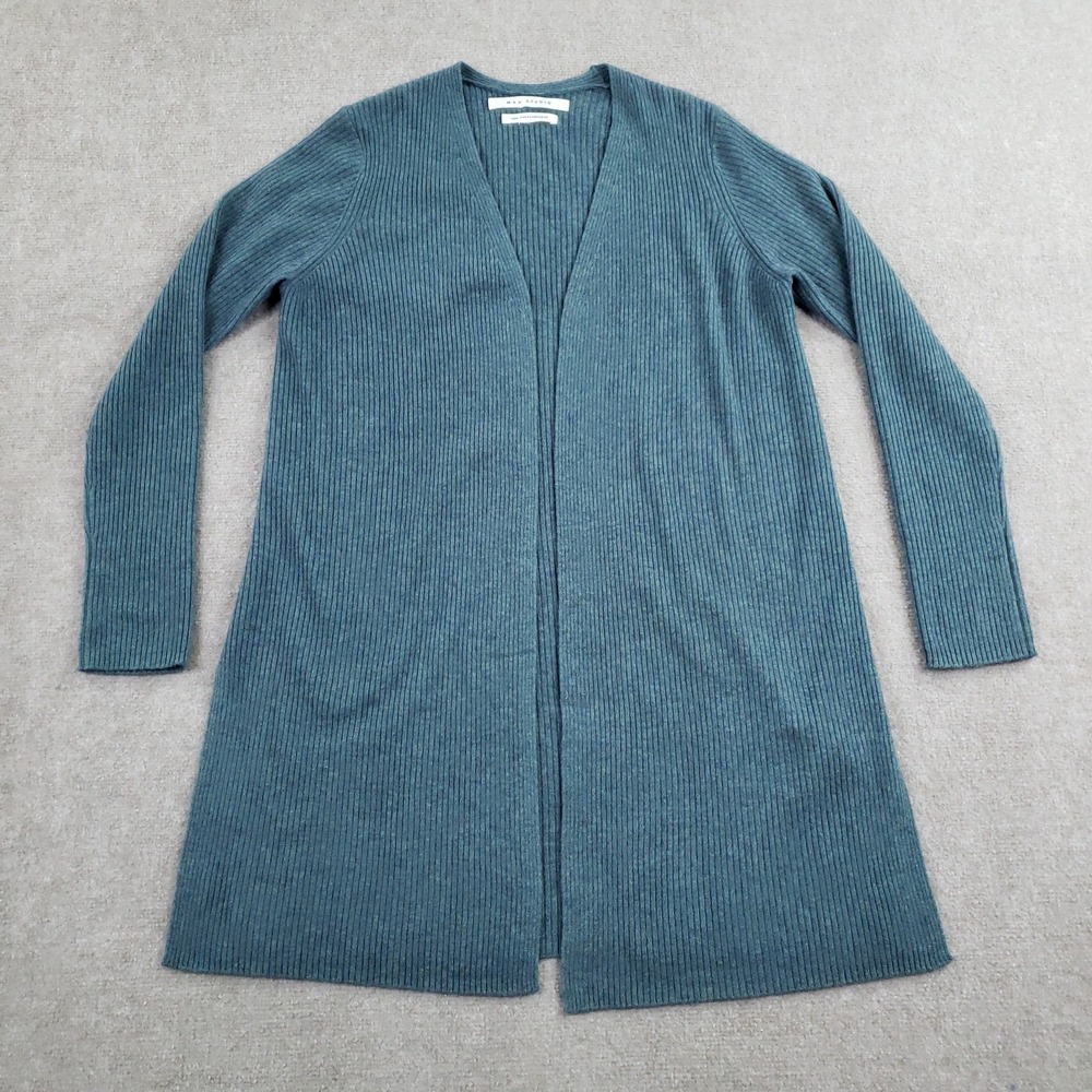 Max Studio Sweater Womens Large Green Maxi 2-Ply Cashmere Knit Open Front Long